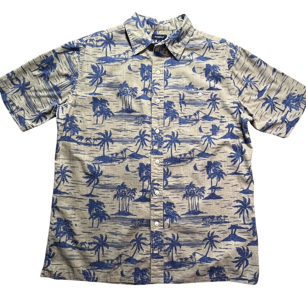 Croft & Barrow Large Men’s Blue Palm-Print Short-Sleeve Button-Down 100% Cotton